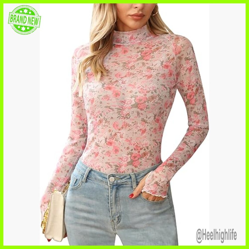 Sheer Mesh Long Sleeve Top with Floral Print Mock Neck Thumbholes